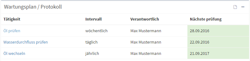 Wartungsplan-Protokoll